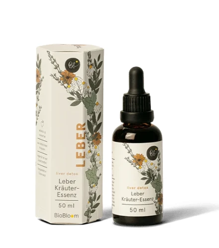 BioBloom Liver Detox 50 ml – esencja ziołowa na wątrobę z choliną i pięcioma ekstraktami roślinnymi; wegańska, bez alkoholu i cukru