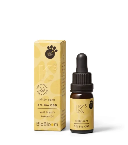 Bio olejek CBD 3% dla kotów BioBloom kitty care w butelce i pudełku, wspiera równowagę i samopoczucie