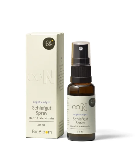 Spray na sen BioBloom z melatoniną i ekstraktem konopi – szybkie zasypianie i regeneracja.