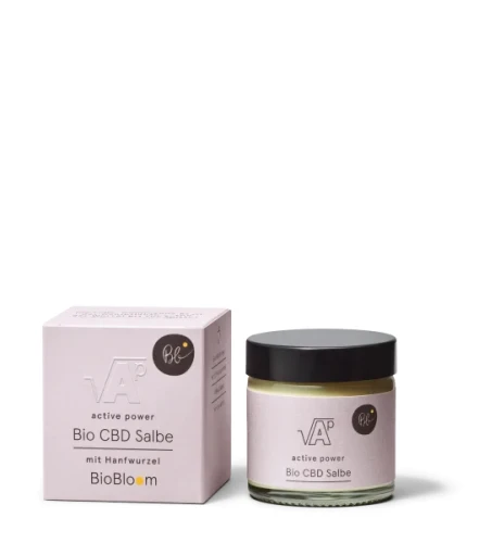 Bio Maść chłodząca CBD BioBloom 600 mg w słoiczku i pudełku, kojąca napięcia mięśni