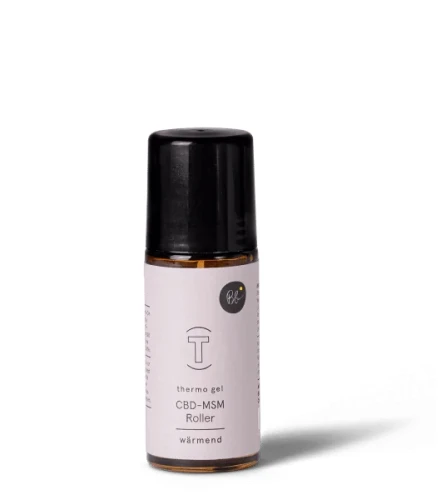 BioBloom CBD-MSM Thermo Gel Roller – buteleczka z czarną zakrętką, intensywne rozgrzewanie i relaks.