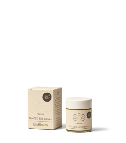 Bio CBD SOS Balsam BioBloom 300 mg w opakowaniu i słoiczku, odżywia i pielęgnuje skórę