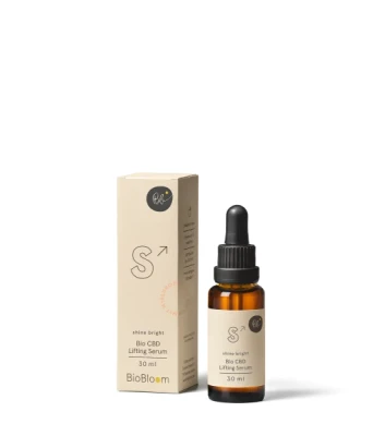 Serum liftingujące BioBloom CBD shine bright w butelce z pipetą i pudełku, wygładza zmarszczki