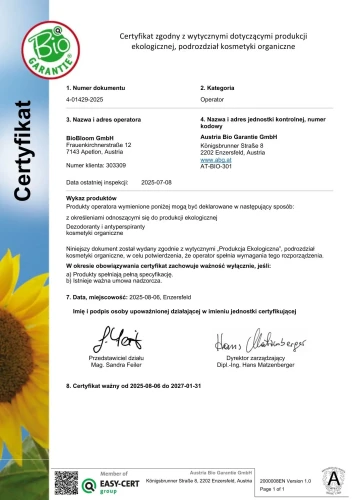 Certyfikat Austria Bio Garantie dla BioBloom, potwierdzający ekologiczne standardy kosmetyków organicznych.