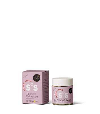 Bio CBD SOS Balsam BioBloom 300 mg w opakowaniu i słoiczku, odżywia i pielęgnuje skórę.