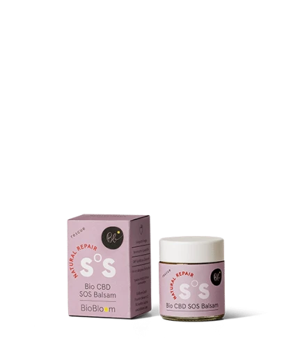 Bio CBD SOS Balsam BioBloom 300 mg w opakowaniu i słoiczku, odżywia i pielęgnuje skórę.