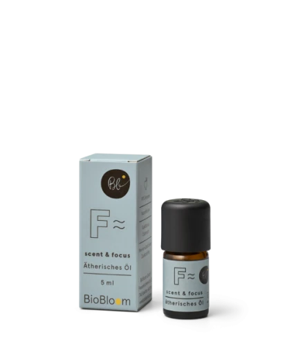 Olejek aromaterapeutyczny BioBloom Scent &amp; Focus - naturalnie lepsza koncentracja w szklanej butelce.